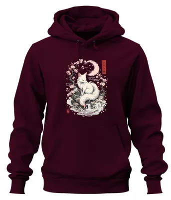 Produktbild von Kitsune Fuchs Japan Kirschblüten Sakura Mond Manga Natur Hoodie Kapuzenpullover, Burgundy, L