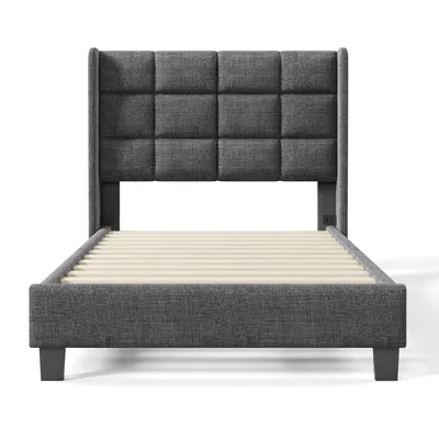 Produktbild von Flieks Polsterbett 90x200cm mit Lattenrost, Einzelbett Jugendbett Kinderbett mit Kopfteil, Leinen, Grau