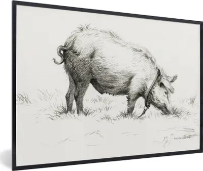 Produktbild von MuchoWow® MuchoWow® Gerahmtes Poster Stehendes Schwein im Gras - Gemälde von Jean Bernard 60x40 cm - Poster mit zchwarzem Bilderrahmen - Printing - Wanddeko Schlafzimmer