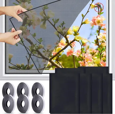 Produktbild von 6 Stück Moskitonetze für Fenster, 130 x 150cm Fliegengitter für Fenster, Insektenschutz Fensternetz Fliegengitter mit 6 Klettband Selbstklebend, Schützen die Familie vor Insekten (Schwarz)