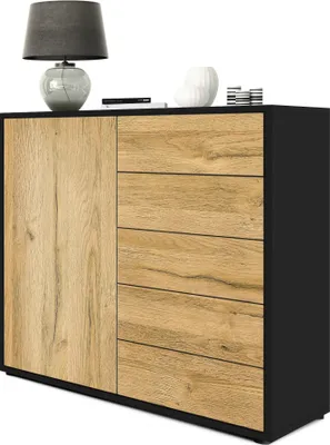 Produktbild von Vladon Sideboard Ben V2,  Germany, Kommode mit 1 Tür und 5 Schubladen, Schwarz matt/Eiche Natur (79 x 74 x 36 cm)