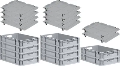 Produktbild von SparSet 10x Eurobox NextGen Economy mit Auflagedeckel und 4x Schiebeschnappverschlüsse Schwarz | Griffe offen | HxBxT 12x40x60cm | 23 Liter | Eurobehälter, Transportbox, Transportbehälter, Stapelbehälter