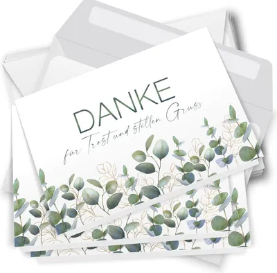 Produktbild von Trauer Danksagungskarten inklusive Umschlag | Motiv: Eucalyptus Gold, 10 Stück | Dankeskarten DIN A6 Set | Grußkarten-Trauerkarten Danksagung Danke sagen