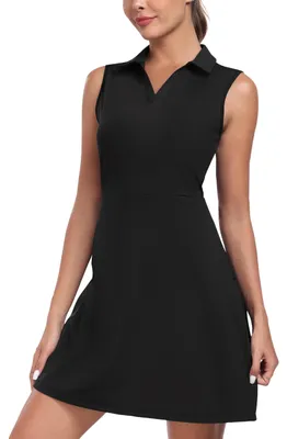 Imagen del producto de Vestido de golf de verano para mujer - Sin mangas, con cuello en V y bolsillos con cremallera - Negro, talla XXL