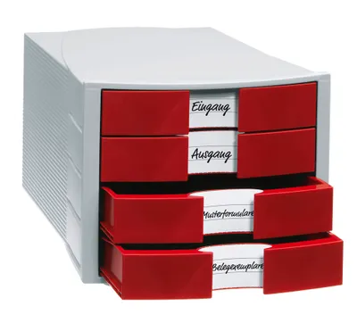 Produktbild von HAN Schubladenbox Archiv IMPULS, 4 Schübe, Gehäuse: lichtgrau, Schubladenfront: rot, stapelbar, mit Auszugsperre, BxHxT: 294x235x368 mm; 1010-X-17