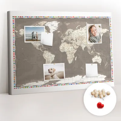 Imagen del producto de Tablero de corcho con chinchetas - Tablero con chinchetas para fotografías y notas - 100x70 cm - 100 chinchetas de madera - Mapa del mundo en color marrón