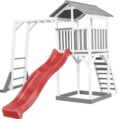 Produktbild von AXI Beach Tower Spielturm aus Holz in Weiß & Grau | Spielhaus für Kinder mit roter Rutsche, Klettergerüst und Sandkasten | Stelzenhaus für den Garten