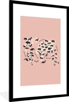 Produktbild von MuchoWow® Gerahmtes Poster Weltkarte - Tiere - Scherenschnitt 60x90 cm - Poster mit Schwarzem Bilderrahmen Wandposter Rahmen Foto Bilder - Dekoration - Wandposter Wohnzimmer - Hochwertig