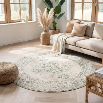 Zdjęcie produktu dla Volero - Dywan okrągły Vintage - Spring Ethnic Kremowy/Zielony - Ø 100 cm