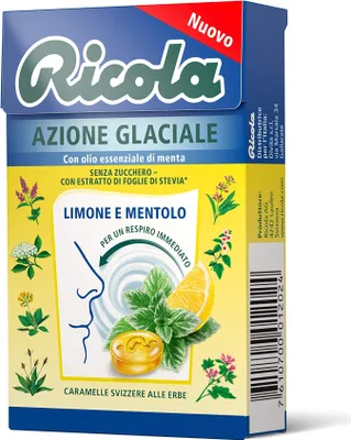Produktbild von 20x Ricola Astuccio Azione Glaciale Limone e Mentolo bonbon Zitrone und Menthol erfrischend ohne zucker box 50g