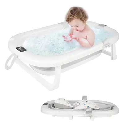 Produktbild von Baby Badewanne mit Thermometer,Groß Babybadewanne mit Sitzmatte Tragbare Reisebadewanne für Neugeborene von 0-36 Monaten 80x50x23 Grau
