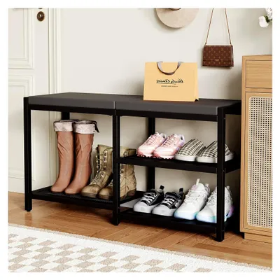 Produktbild von Schuhbank mit Sitzfläche, Sitztruhe und Schuhregal mit 2 Gitterablagen für Eingangsbereich, Flur, Wohnzimmer, Metallgestell, bis 150 kg belastbar, 90 x 30 x 43 cm, Schwarz
