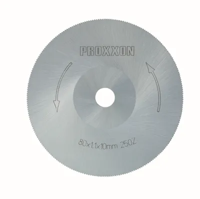 A circular saw blade with teeth around the edge, set against a white background.