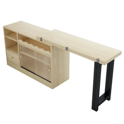 A light wood-colored cabinet with a pull-out table extension and black legs, shown against a white background.