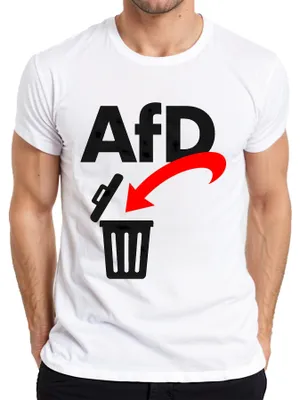 Obrázek produktu pro Tričko "NoAfD", pánské, bílé, velikost L. S nápisem "AfD do koše" a pod tím "Proti pravicové politice" (s ironickým podtónem)