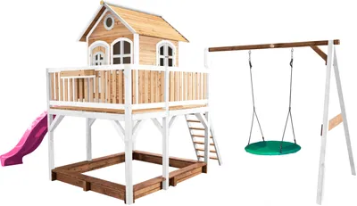 Produktbild von AXI Spielhaus Liam mit Sandkasten, Nestschaukel & lila Rutsche | Stelzenhaus XXL in Braun & Weiß aus  Holz für Kinder | Spielturm mit Wellenrutsche & Schaukel für den Garten