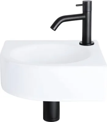 Produktbild von Differnz Cleo Aufsatzwaschbecken 30x30x10 cm – Waschbecken Bad Keramik Weiß – Mit Wasserhahn Bad in Mattschwarz – Waschtisch mit Gebogener Armatur für Gäste-WC