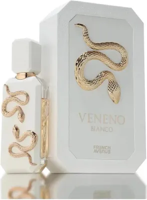 A perfume bottle and its box are displayed on a white surface.