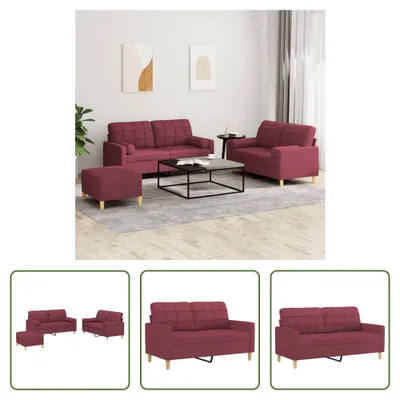 Produktbild von The Living Store 3-tlg. Sofagarnitur mit Kissen Weinrot Stoff