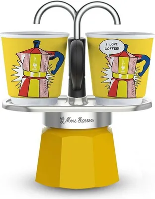Obrázok produktu pre Talianska kávovar Bialetti Mini-Express Lichtenstein, 100 ml, nerezová oceľ, 2 žlté šálky