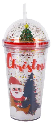Weihnachtsbecher 480 ml, doppelwandig, Glitzer, 3D-Motiv, mit Deckel