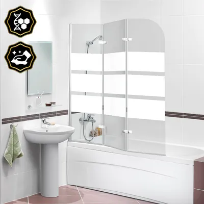 Immagine prodotto di Pannello doccia Ikodm per vasca da bagno, 120 x 140 cm, composto da 3 elementi pieghevoli per vasca, realizzato in vetro temperato di sicurezza da 6 mm, con apertura a 180°, e dotato di strisce bianche