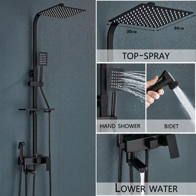 Obrázek produktu pro Systém pro vanu a sprchu – nástěnná směšovací baterie s výtokem – čtyřcestný přepínač – sprchová hlavice "déšť" o průměru 30 cm + ruční sprcha + výtok pro vanu – černá/chromovaná