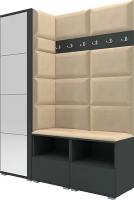Produktbild von Garderoben-Set Nela II mit Spiegel, Polstergarderobe mit zwei Schuhschränke und Wandpaneele, Flurgarderobe mit Hochschrank (Farbe: Graphit + Trinity 04 (Beige))