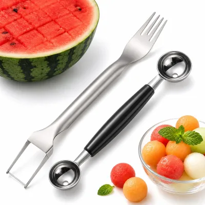 Image de Coupe-melon 2 en 1 avec emporte-pièce à boules – idéal pour les salades de fruits et les desserts – en acier inoxydable