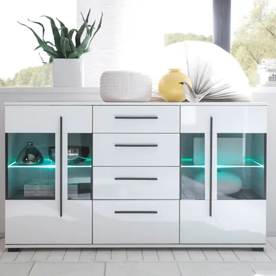 Produktbild von Sideboard Cantara - Weiß Hochglanz - mit Glastüren mit Glasbodenbeleuchtung