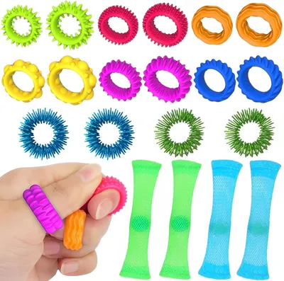Produktbild von 20 Stück Fidget Toys Set - 12 Fidget Ring 4 Akupressur Ring 4 Gewebter Netzschlauch, Skills Set, Sensorik Spielzeug, Anti Stress Spielzeug, Anxiety
