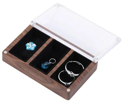 Imagen del producto de Caja de joyería de madera con tapa de cristal y 3 compartimentos