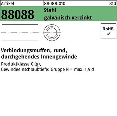 Produktbild von Reyher  Verbindungsmuffen,rund 88088 M 6x40x10 St., vz (100 Stück)