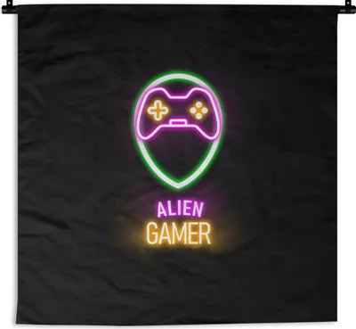 Produktbild von MuchoWow® Wandteppich Wandbehang Gaming - Zitate - Neon - Alien-Gamer - Controller 90x90 cm Tapisserie Dekoration Wandtuch - Wandaufhänger