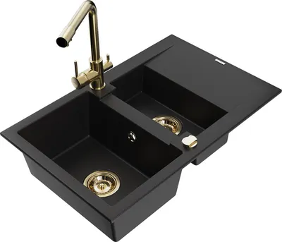 Produktbild von Mexen Gaspar 1,5-Becken-Granitspüle mit Abtropffläche und Mischbatterie Duero, Schwarz - 6507-77-671600-50