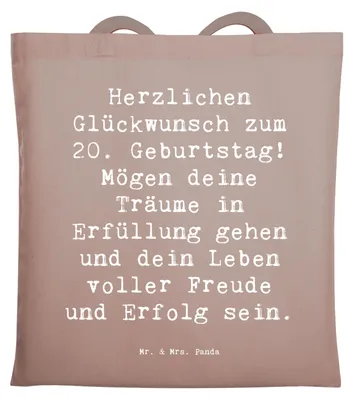 Produktbild von Mr. & Mrs. Panda Schultasche Spruch 20. Geburtstag - Braun Pastell - Geschenk, handgefertigt, Laptoptasche, Einkaufstasche, Tasche, Jutebeutel, Feiern, liebevoll