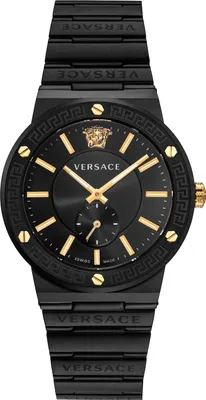A product shot of a black Versace watch with gold accents, displayed on a white background.