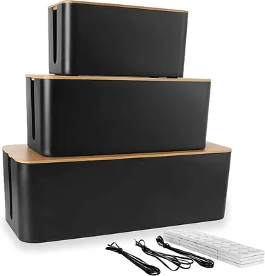 Produktbild von PolkaHome® Kabelbox Holz 3er Set Kabelmanagement Box Kabelbox Schreibtisch Kabelschacht Kabelaufbewahrung Schwarz