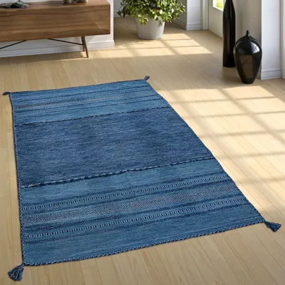 Produktbild von Wohnzimmer Natur Teppich m. Fransen, Handgewebter Muster Kelim, 100% Baumwolle Grösse 80x150 cm