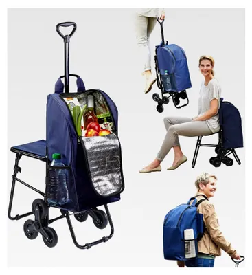Produktbild von Einkaufstrolley mit klappbarem Sitz – hohe Manövrierfähigkeit und Komfort | 3-Rad-System, Teleskopgriff, abnehmbare Kühltasche | Fassungsvermögen 35 l, geeignet für ältere Menschen und Familien
