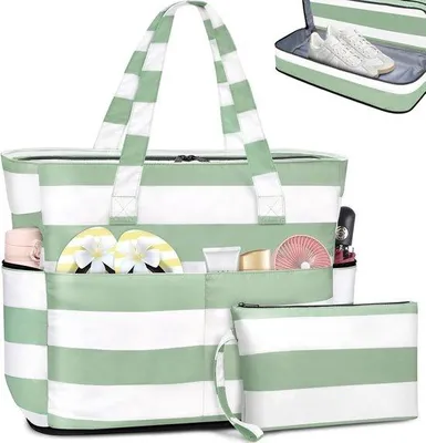 Produktbild von Große Strandtasche mit Reißverschluss, XXL, Familien-Strandtasche, große Einkaufstasche, Strandtasche, Reisetasche, wasserdicht, Badetasche, Saunatasche mit nassem Fach und Schuhfach, 55 l