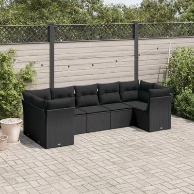 Produktbild von Design 7-tlg. Garten-Sofagarnitur mit Kissen Schwarz Poly Rattan, Gartenmöbel-Sets 2024 Neu
