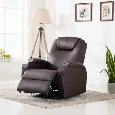 A brown leather recliner chair is shown in a living room setting with a floor lamp and plants.