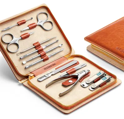 12-in-1 Nagelpflegeset aus Edelstahl mit Ledertasche