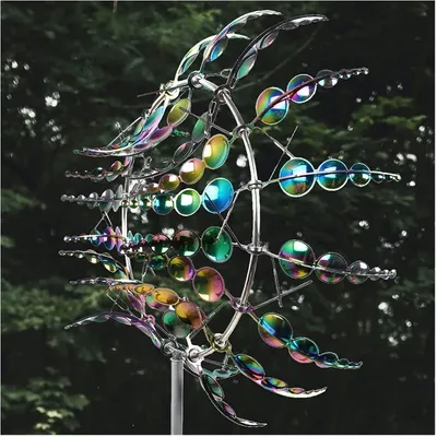 Produktbild von Metall-Windmühle mit 3D-Kinetik, windbetriebene Skulptur und Metall-Windspinner für Rasen, Hof, Garten, Terrasse und Innenhof, mehrfarbig
