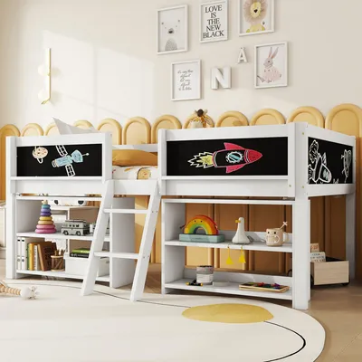 A child's bedroom with a white loft bed, featuring shelves and chalkboard panels decorated with drawings.