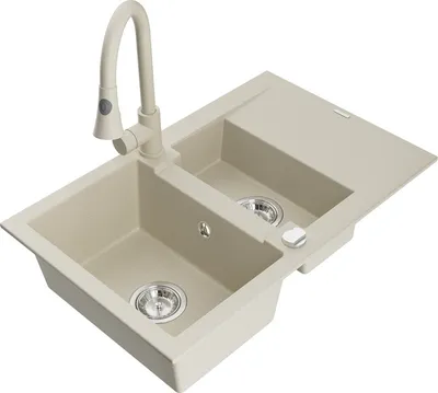 Produktbild von Mexen Gaspar 1,5-Becken-Granitspüle mit Abtropffläche und Mischbatterie Elia, Beige - 6507-69-670101-69