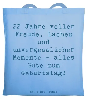 Produktbild von Mr. & Mrs. Panda Tote Bag Spruch 22. Geburtstag Freude - Sky Blue - Geschenk, Einkaufstasche, Lachen, herzliche Glückwünsche, Geburtstagsgeschenk, Jutebeutel, Tasche