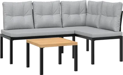 A sectional outdoor sofa and a coffee table are shown against a white background.