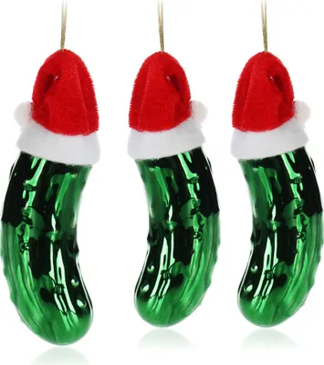 Produktbild von com-four®  3x Glas Christbaumschmuck als Gurke 11 cm - Weihnachtsgurke aus Glas mit Stoffmütze - Weihnachtsbaum Anhänger in grün für eine festliche Weihnachtsdekoration